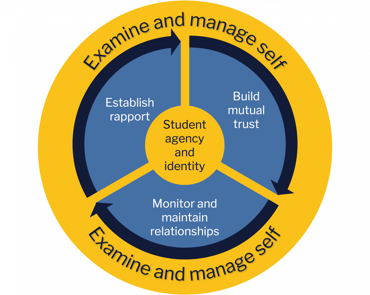 Visual representation of building respectful relationships. A circular diagram centers on "Student agency and identity." An inner cycle includes three key actions: establish rapport, build mutual trust, and monitor and maintain relationships. These are enclosed by an outer ring labeled "Examine and manage self," with arrows indicating this is a continuous, overarching process. 